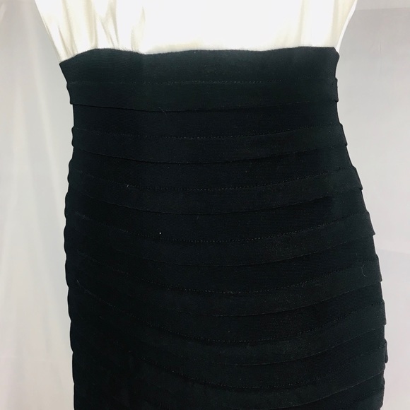 Ivory Satin and Black Pleated Halter Formal Dress - Picture 4 of 7